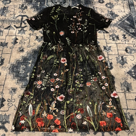 METISU BLACK FLORAL MESH SHORT-SLEEVE SUMMER LIGHTWEIGHT EMBROIDERED MIDI DRESS - Picture 10 of 16